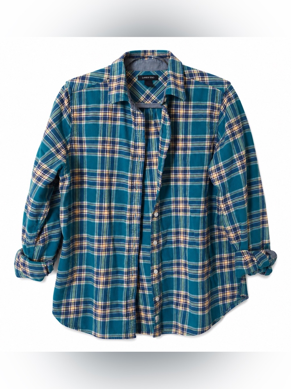 Lands' End Teal Plaid Button-Up Shirt